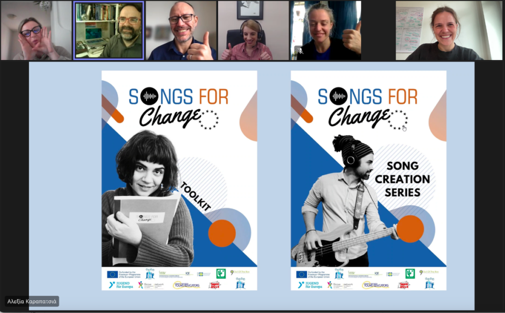 A screen shot of the Songs For Change Online Partners Meeting, featuring the beautifully designs covers of the Project Results booklet, happening on zoom with project partners from Youth Organisations around Europe.