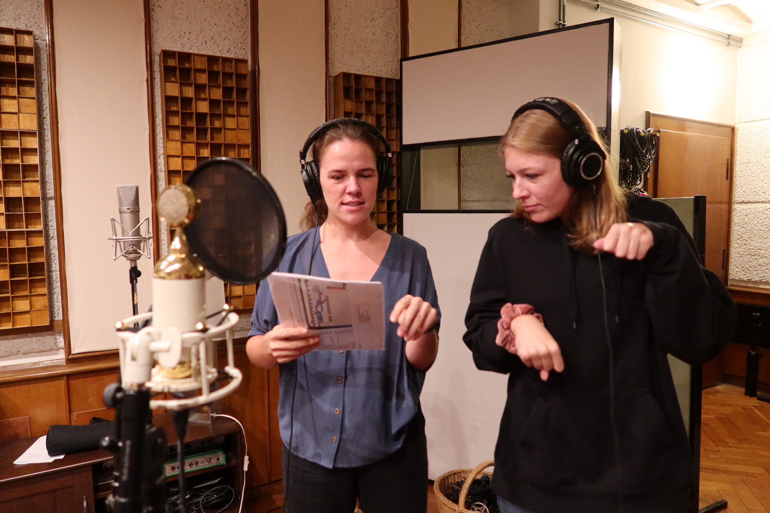 Youth leaders and NGOs project managers recording a song about EU Values at a Songs For Change workshop in a recording studio.