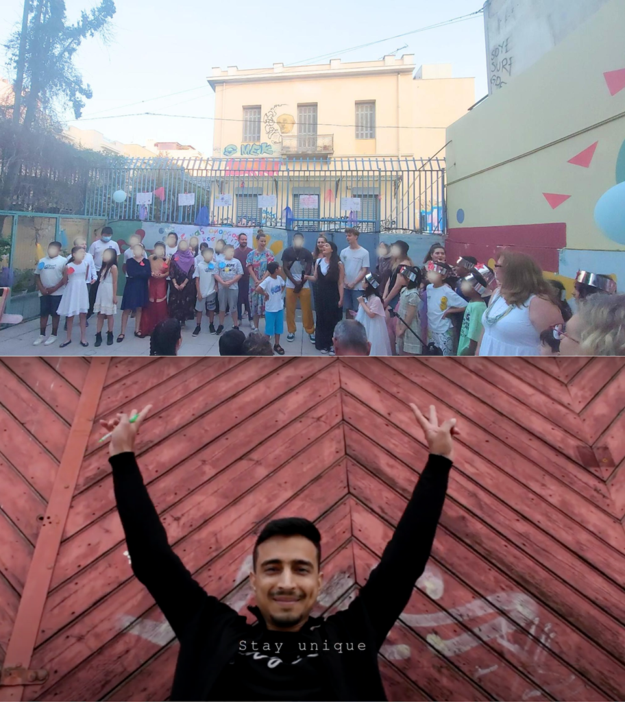 A school theatre production on human rights. Children are in a playground in Greece performing their production to young adults and teachers. Plus a young man doing the peace sign.