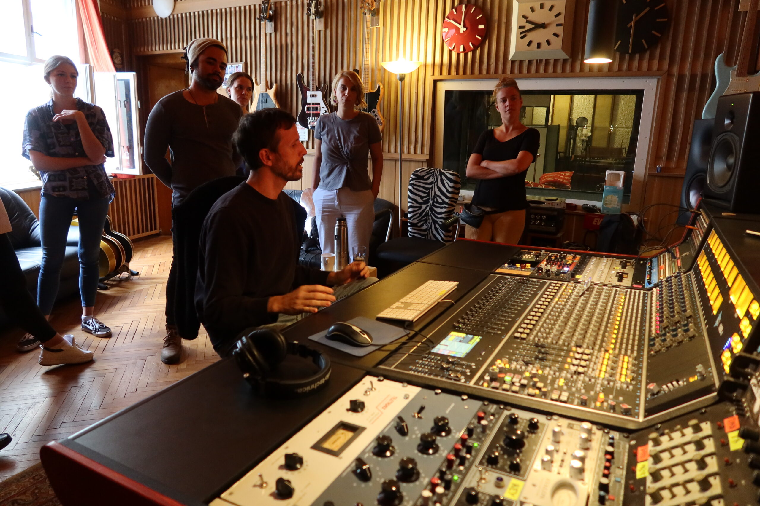 Youth leaders recording a song  about EU Values at a Songs For Change workshop training. 